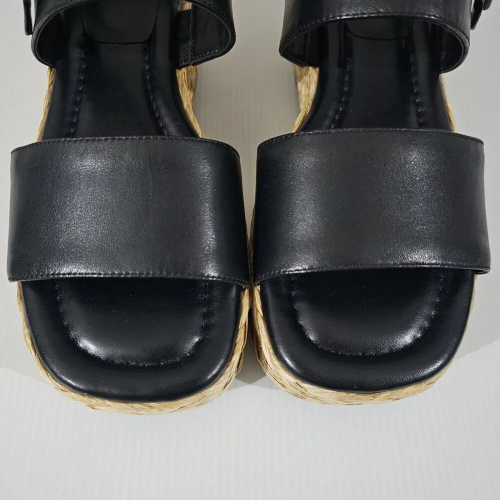 Marc Fisher LTD Patryce Platform Espadrille Sandal Size 9.5 Black Leather Raffia